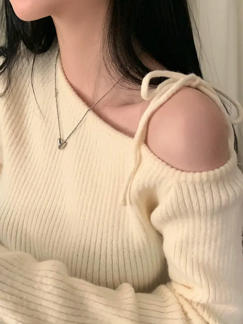 Schicker roter schulterfreier Strickpullover für Damen, Frühling und Herbst, weich, gemütlich, One-Shoulder-Design, Sensation, kleines ence-Top