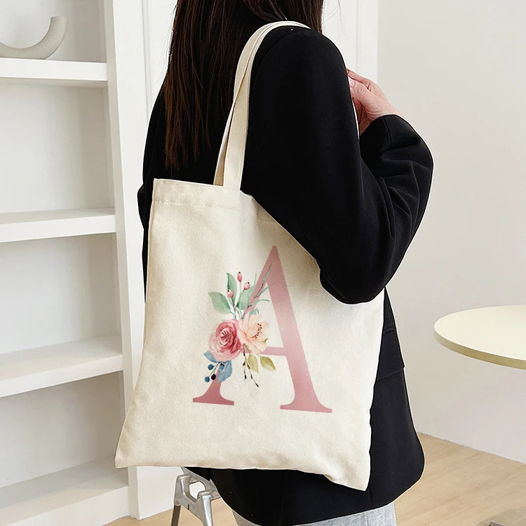 Canvas Tote Bag Letter Print Aesthetic Personalized Custom Reusable Grocery Bags Shopping Shoulder Bag Casual Travel Tote Bag