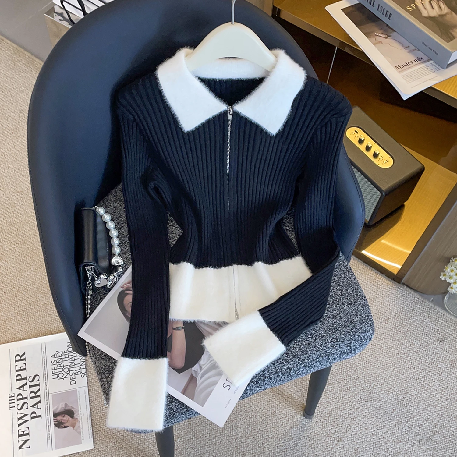 

Элегантный женский вязаный кардиган с воротником, цветными вставками, простым дизайном в университетском стиле, длинными рукавами, на молнии, стандартный крой, осень-зима