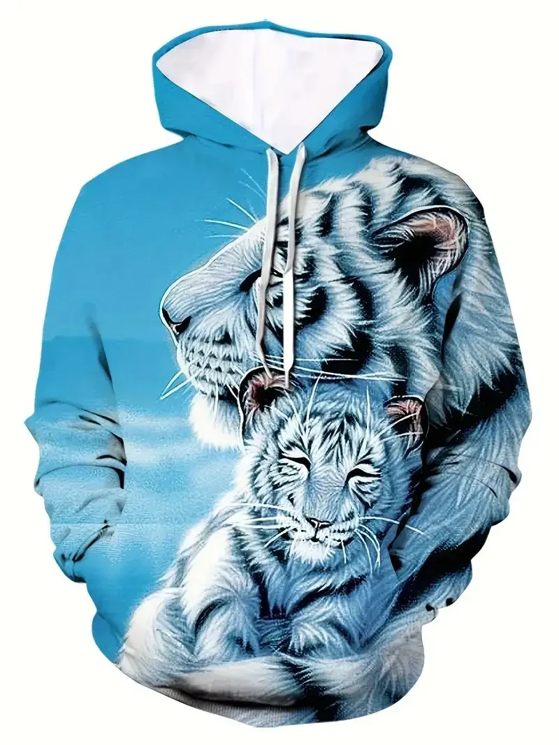 Men's 3D Tiger Graphic Hoodie, Active Slightly Stretch Breathable Hooded Sweatshirt For Outdoor 2023 Autumn and Spring Fashion