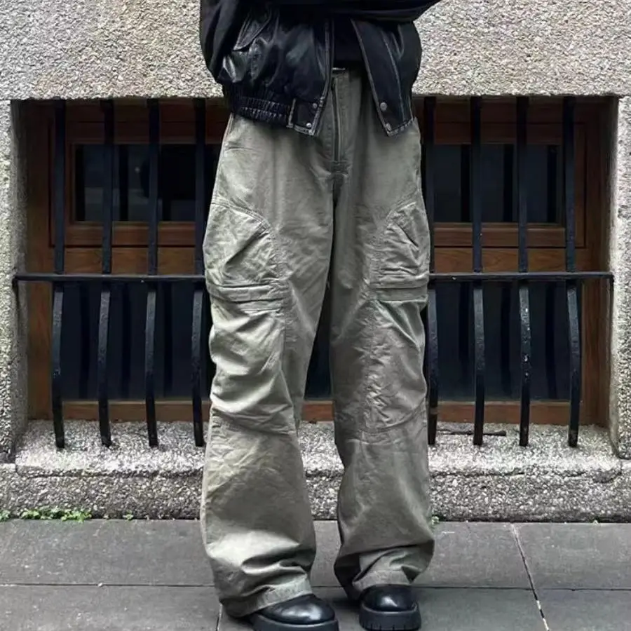 American Retro Streetwear Washed Cargo Pants Men Women Oversized Multi Pocket Wide Leg Workwear Trousers