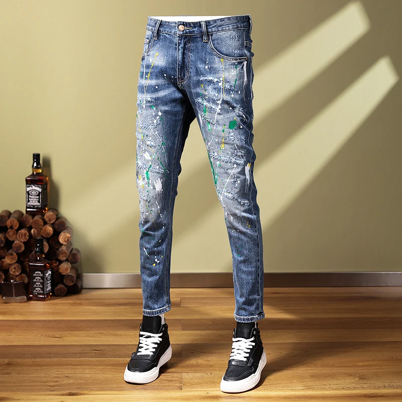 High Street Fashion Men Jeans Retro Blue Painted Designer Elastic Skinny Ripped Jeans Men Stretch Trousers Hip Hop Pants Hombre