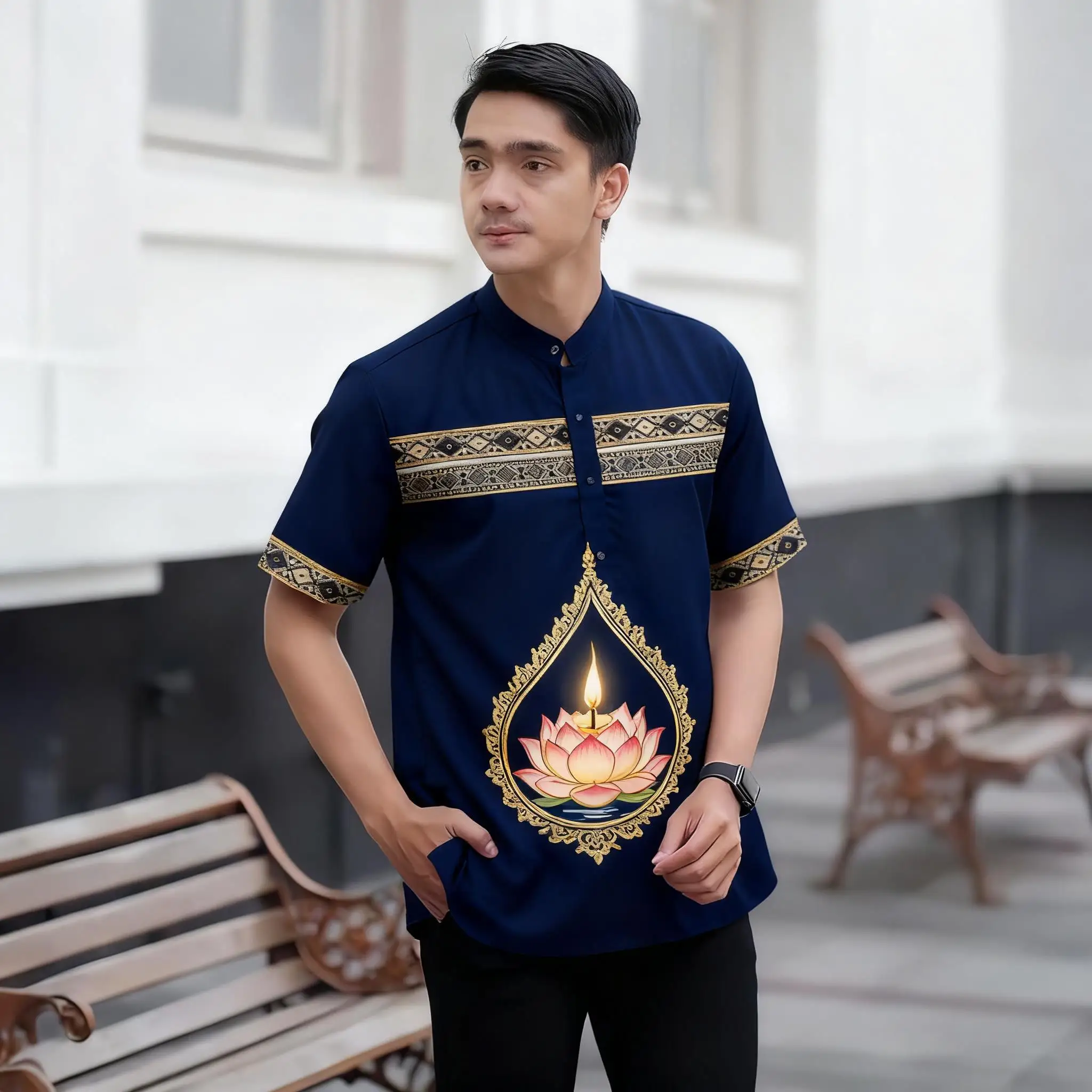 الرجال المسلمات الإسلامية العربية عباية قصيرة الأكمام قميص العرقية طباعة الوقوف طوق الشباب 2026 معطف فاخر ملابس عصرية غير رسمية