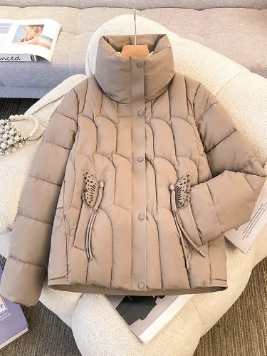 

Khaki Stand Collar Cotton Jaet Women's Winter Loose Sli 3D ket Cotton Coat Large Size plus Size Faion