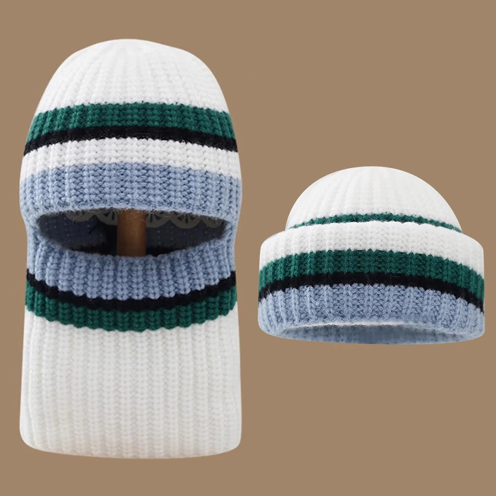 

Fashion Winter Autumn Thicken Beanie Hat Women Stripe Knitted Woolen Warm Cotton Brand Couple Women's Knit Hats Skullies Beanies