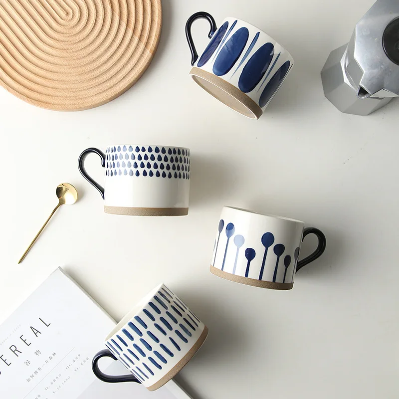 Japanese Style Stoneware Coffee Cup Blue Vertical Stripe Breakfast Milk Mug Home Ceramic Couple Latte Coffee Cup Delicate Gifts