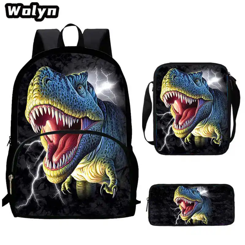 Mochilas de dinossauro com bolsa de ombro, saco de lápis, mochila escolar personalizada para criança, padrão do período jurássico, sacos infantis, 3pcs set