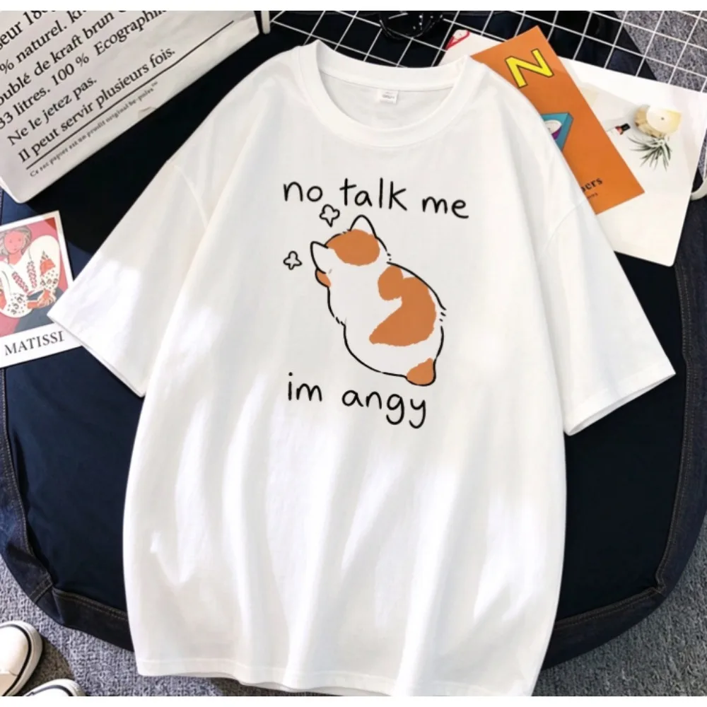 Angry Cat No Talk Me Im Angy Graphic Tee Front Grumpy Cat Cartoon Print Women Casual Oversized Cotton Short Sleeve T-shirt