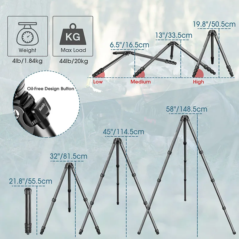 Manbily WZ-324 Heavy Duty Carbon Fiber Tripod for Hunting Outdoors 32mm Tube Shooting Tripods Max. Load 20kg without Ballhead