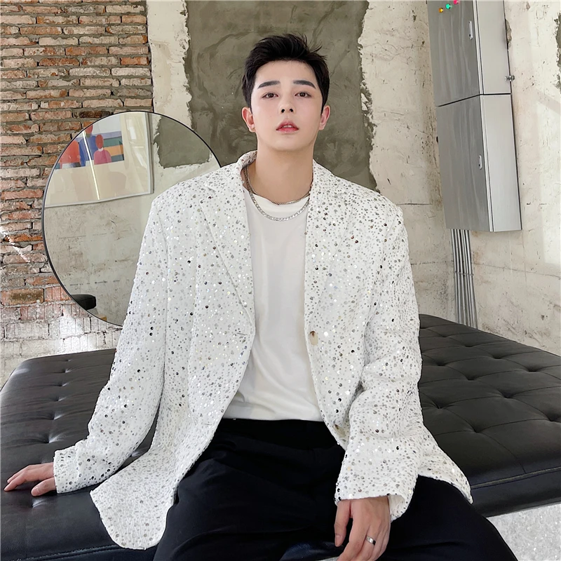 

Elegant Embroidered Bead Men's Suit for Nightclub Performers Stage Outfits Polyester Thickened Long Sleeve Autumn Wear
