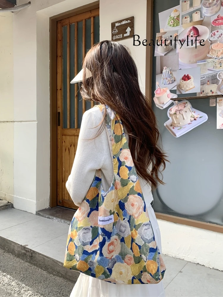 

Premium lazy wind flower bag niche French retro flower casual shoulder bag cloth bag