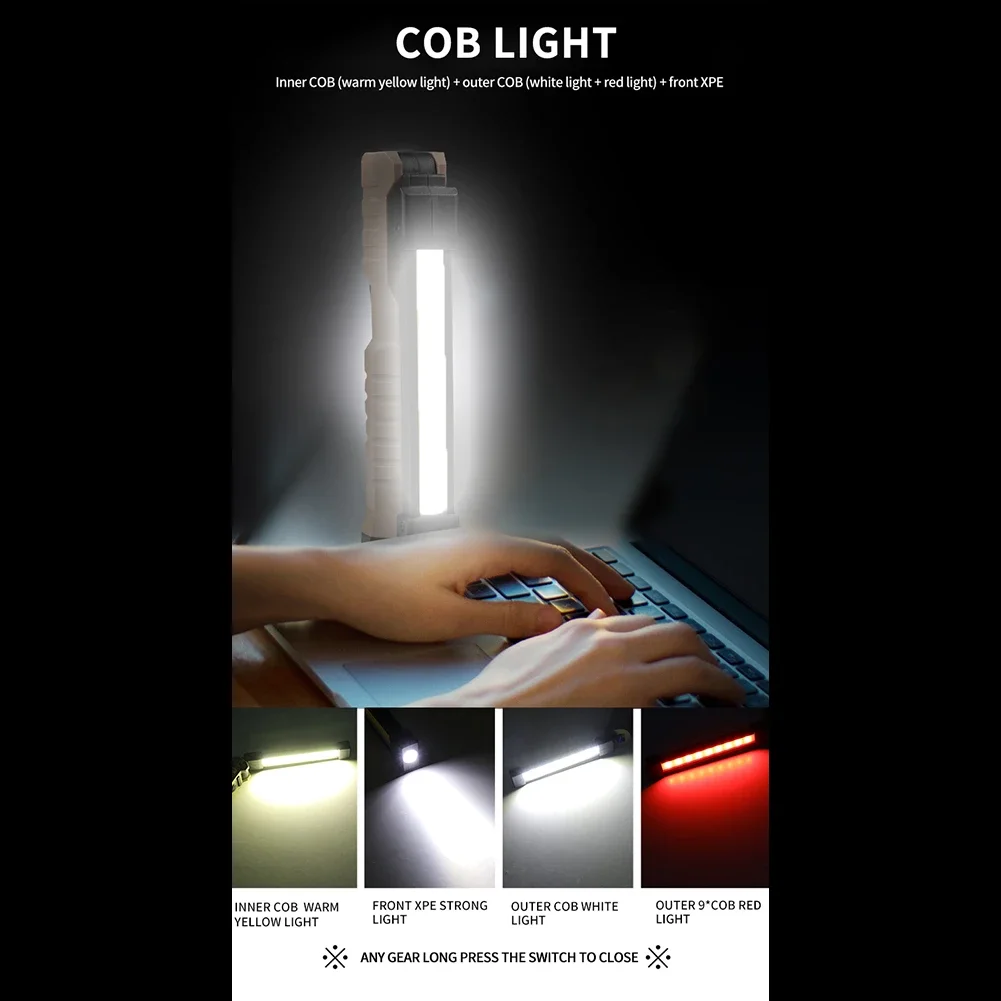 Nuova torcia pieghevole COB Lampada da lavoro a LED Gancio per appendere 7 modalità Torcia ricaricabile USB magnetica Torcia da lavoro portatile