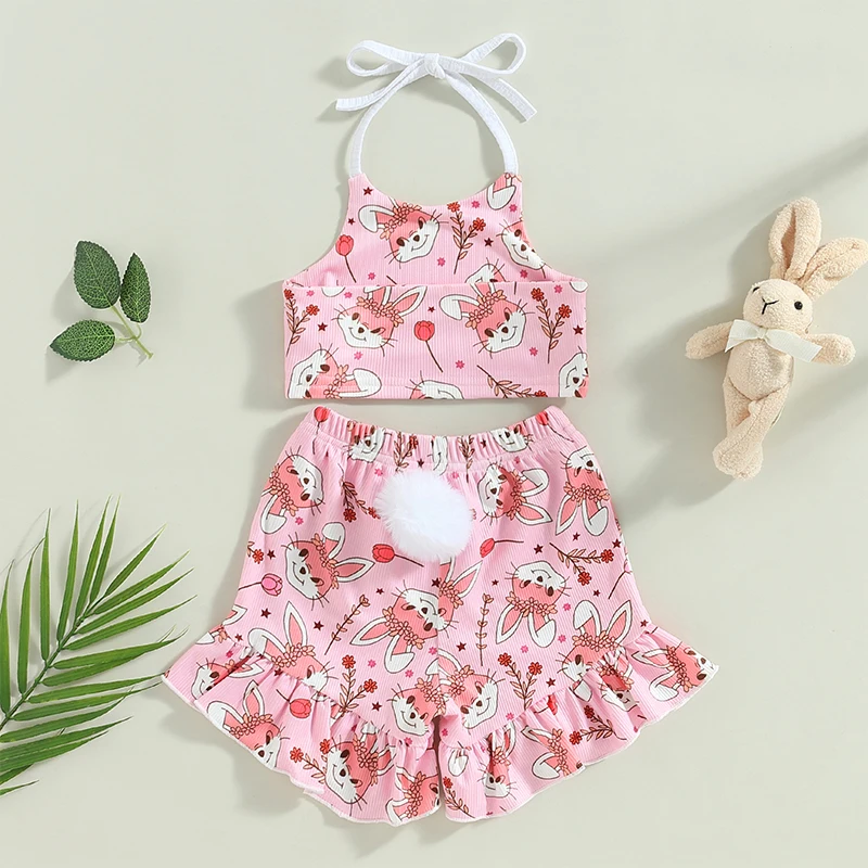 

Toddler Girls Cute Bunny Print Sleeveless Halter Top and Ruffled Shorts Set for Summer Playdates and Picnics