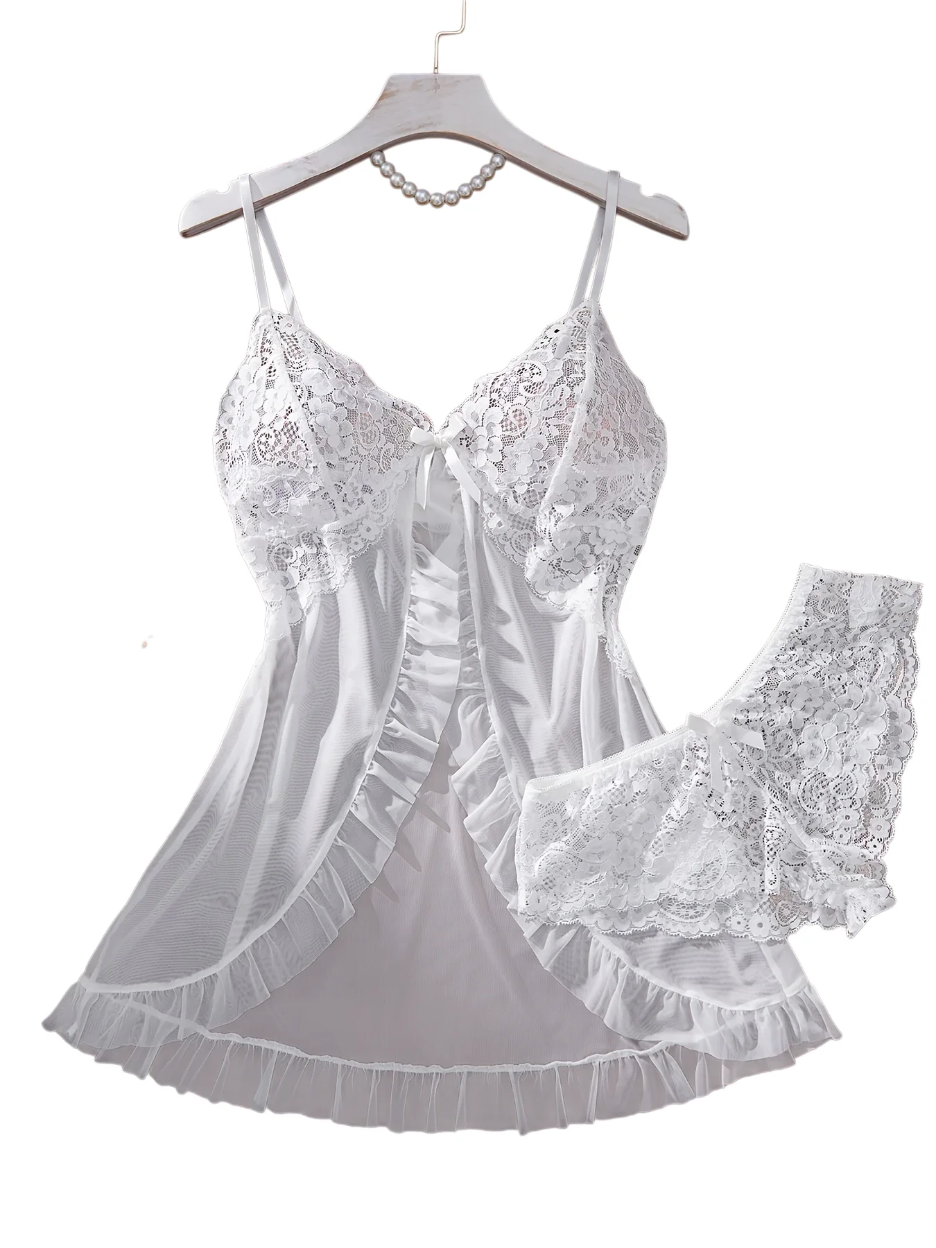 

Sexy Lingerie Set Women Sheer Mesh Nightgown Floral Lace Trim V-Neck Babydoll Sleepwear Ruffle Pajamas Erotic Underwear With Mat