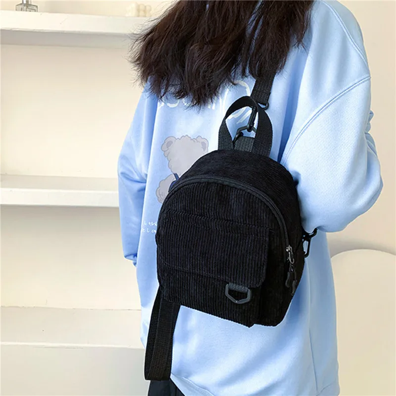 Solid Color Mini Backpack Corduroy Small Backpacks Simple Casual Student Bookbags Traveling Rucksack Fashion Women Soulder Bag