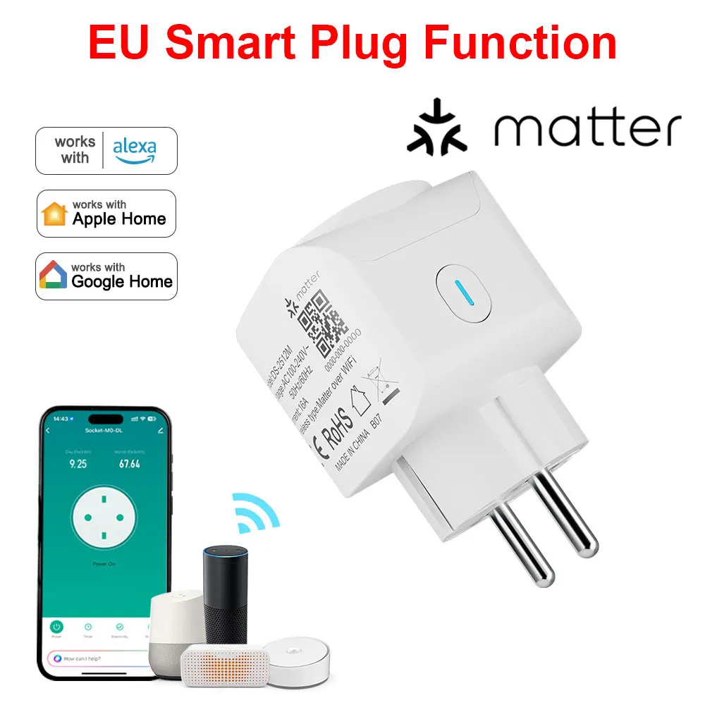 Matter Smart Plug EU 16A Wi-Fi Socket with Power Monitoring, Voice Control via Alexa/Google Home/, Timer & App Remote Control