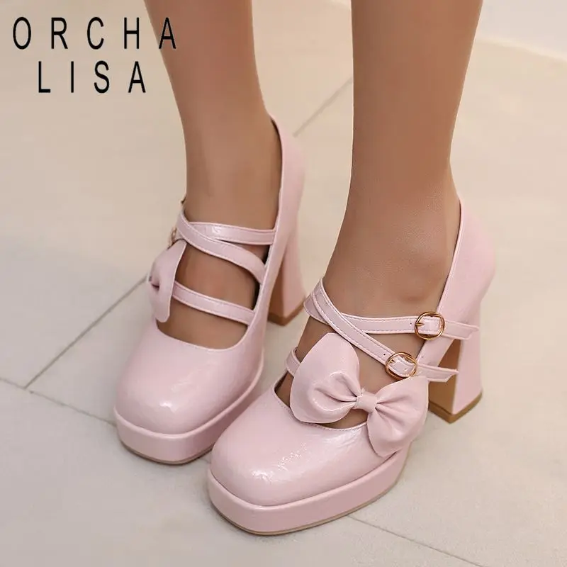 

Туфли-лодочки ORCHA LISA, женские, с квадратным носком, массивный каблук 10,5 см, платформа 2,5 см, с бантом и ремешком на пряжке, большие размеры 44, 45, для вечеринок, модель Sweet Party S