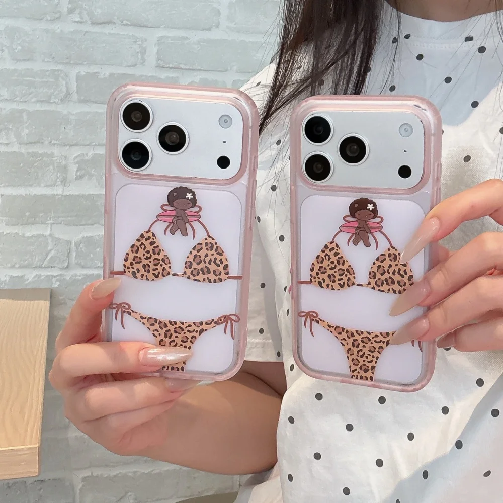 Cute Cartoon Leopard Print Bikini Phone Case For iPhone 17 16 15 ProMax Transparent Pink Border Soft Shockproof Protective Cover view 3