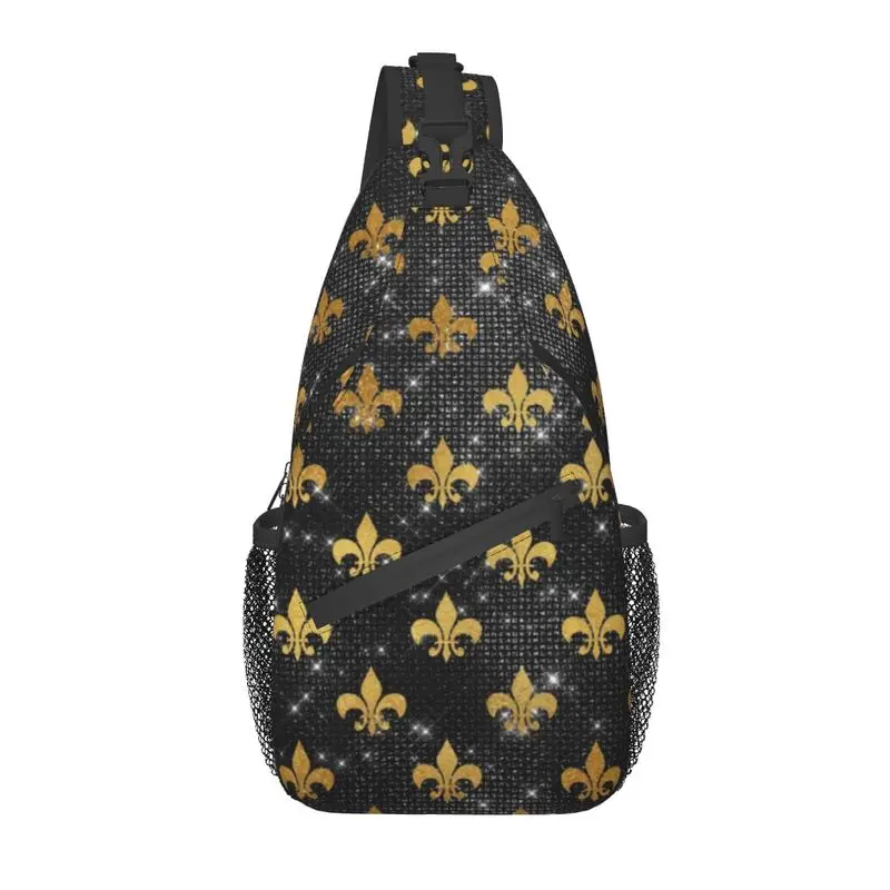 

Elegant Black And Gold Fleur De Lis Crossbody Sling Backpack Men Fleur-De-Lys Lily Floral Shoulder Chest Bag for Travel Cycling