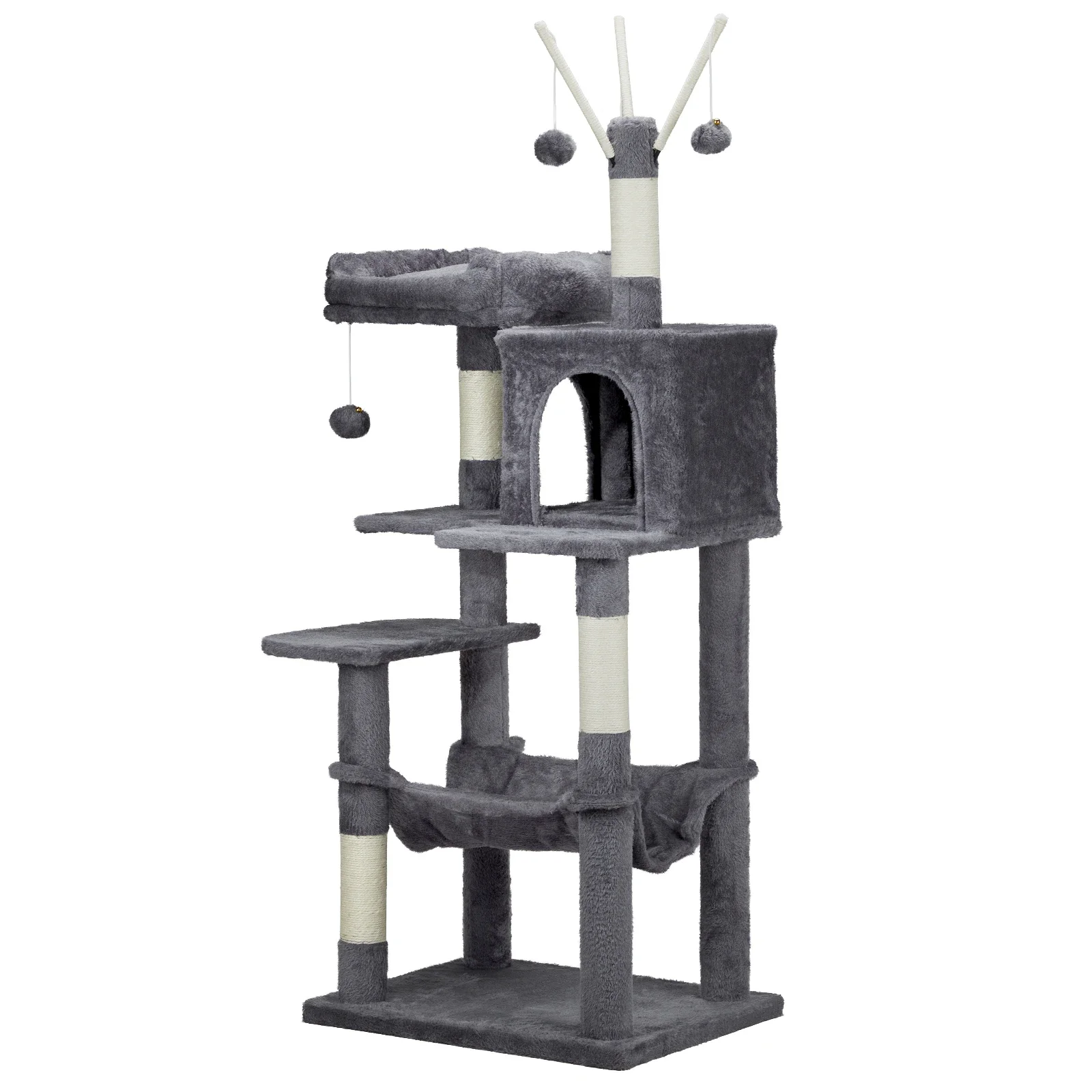 Torre de árvore para gatos de 57" para ambientes internos, casinha para gatos com cama acolchoada, bolas de brinquedo, condomínio aconchegante, postes de sisal, cinza escuro.