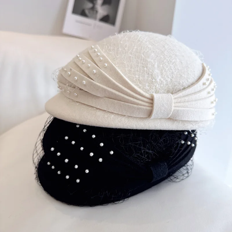 100% Wełna Małe Czapki Dla Luksusowych Kobiet Eleganckie Berety 2024 Zimowa Ceremonia Ślubna Czapka Kościół Kwiat Panie Filc Fedoras