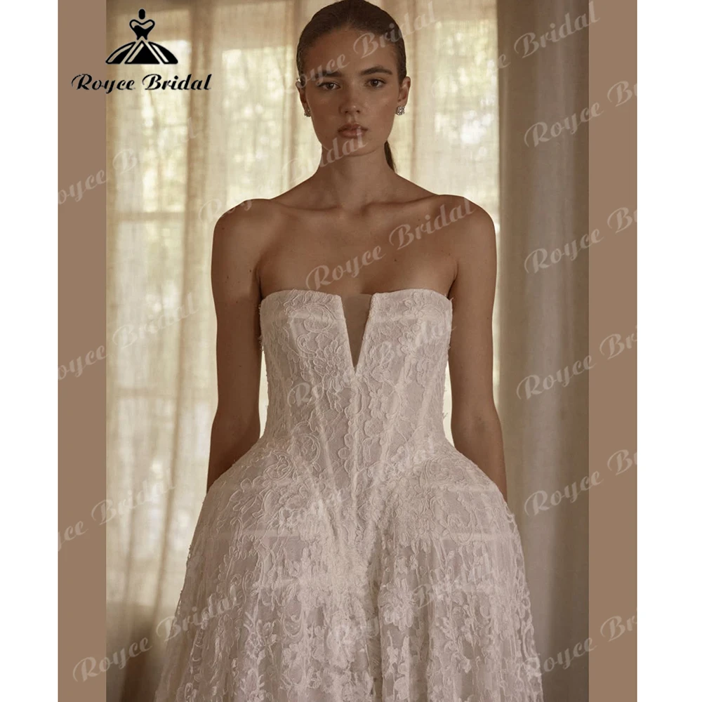 Strapless Vintage Lace A-Line Wedding Dress with Corset V-Neck Lace-Up Back Custom Bridal Gown