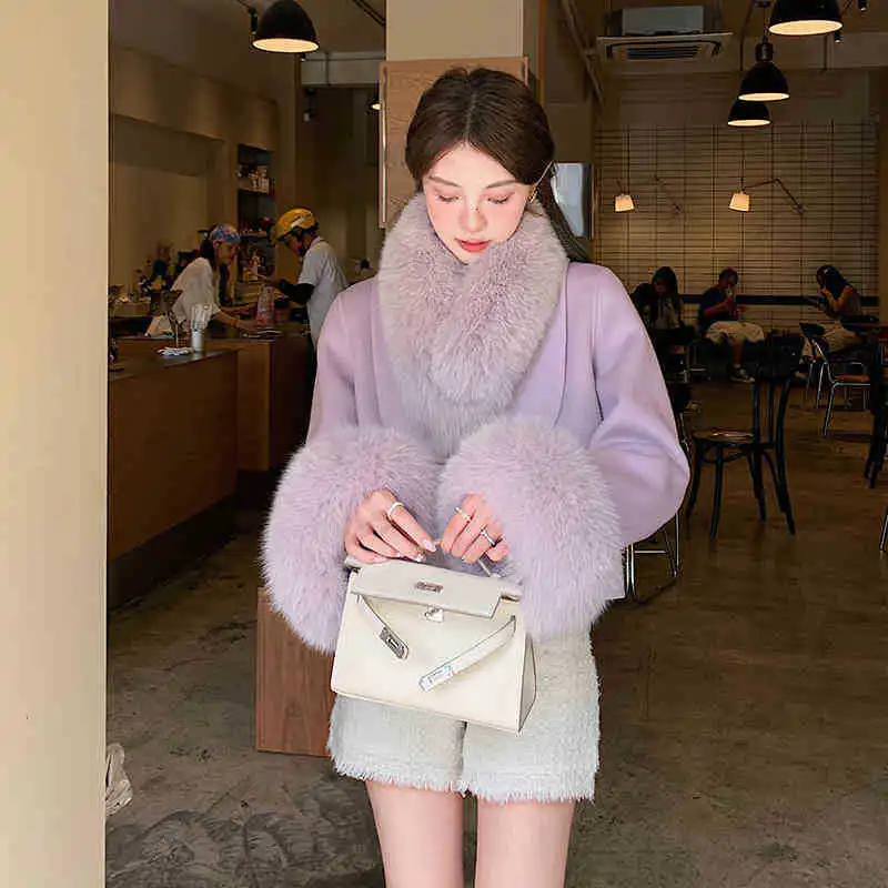 2024 Autumn/Winter New Small Double sided Cashmere Coat for Women with Fox Hair Collar, High Grade Woolen Fleece Fur Coat