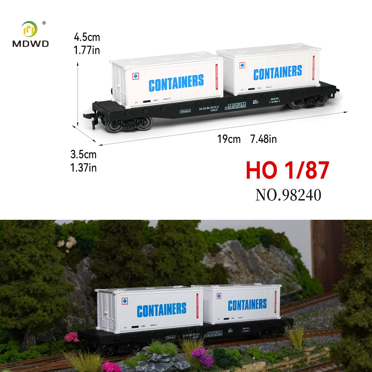 1/87 Train Model HO, Metal Railway Train Model 51-foot Double Container Carrier 98240 Can open the door