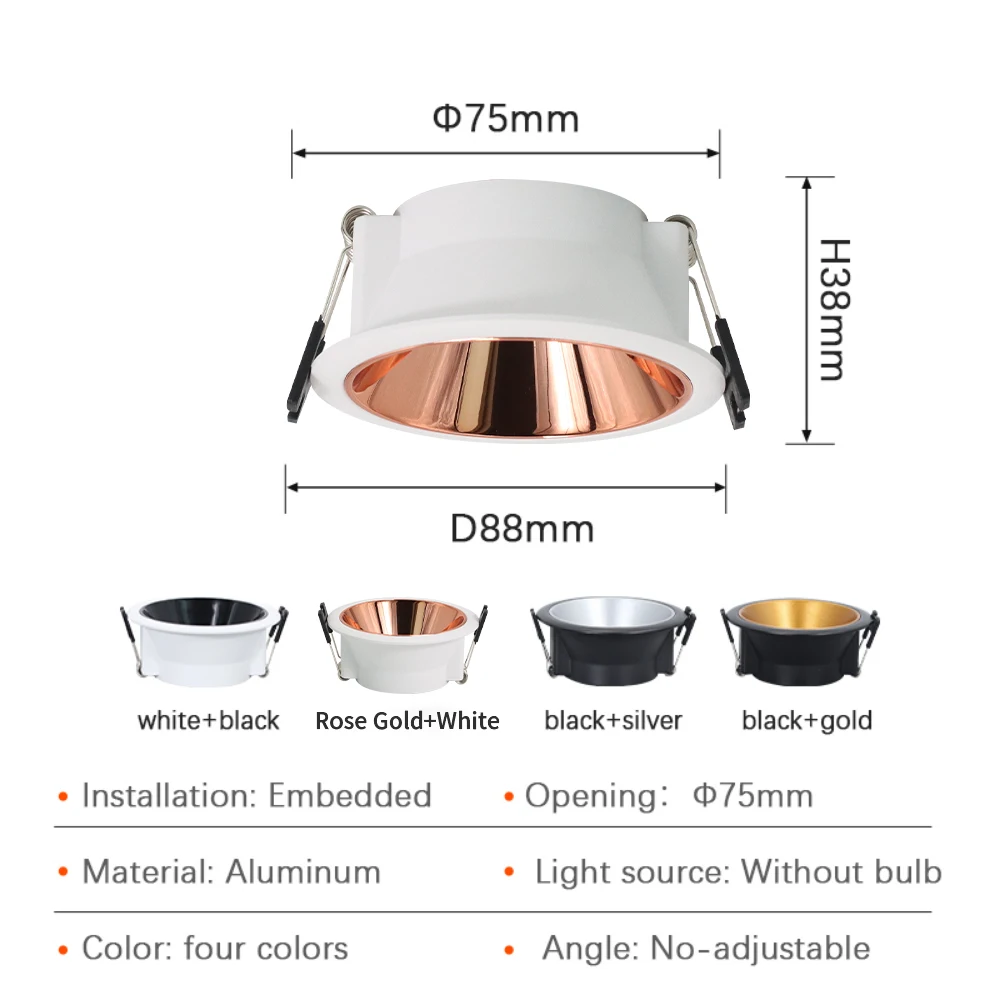 LED Downlight Frame Holder Adjustable Cut Hole 75mm Fitting Ceiling Lamp Recessed Spot GU5.3 GU10 MR16 Bulb Fixture Changeable