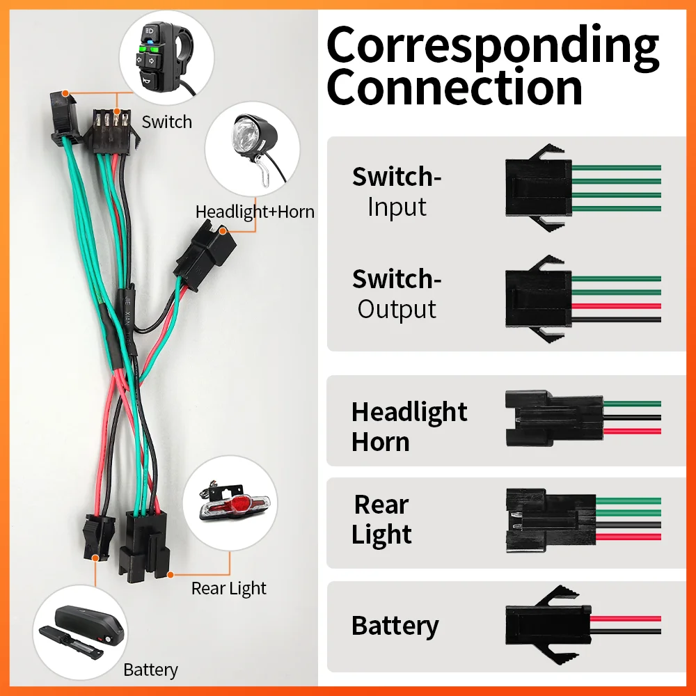 Electric Bicycle QD139 Headlight and D-05DC Taillight DK336 Horn Switch Cable Parts Rubber Ebike Parts Accessories