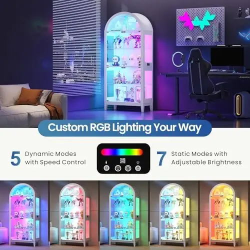 5-Tier Arched Glass Display Cabinet with RGB Lights for Living Room | LED Curio Cabinet with Glass Door & Motion view 3