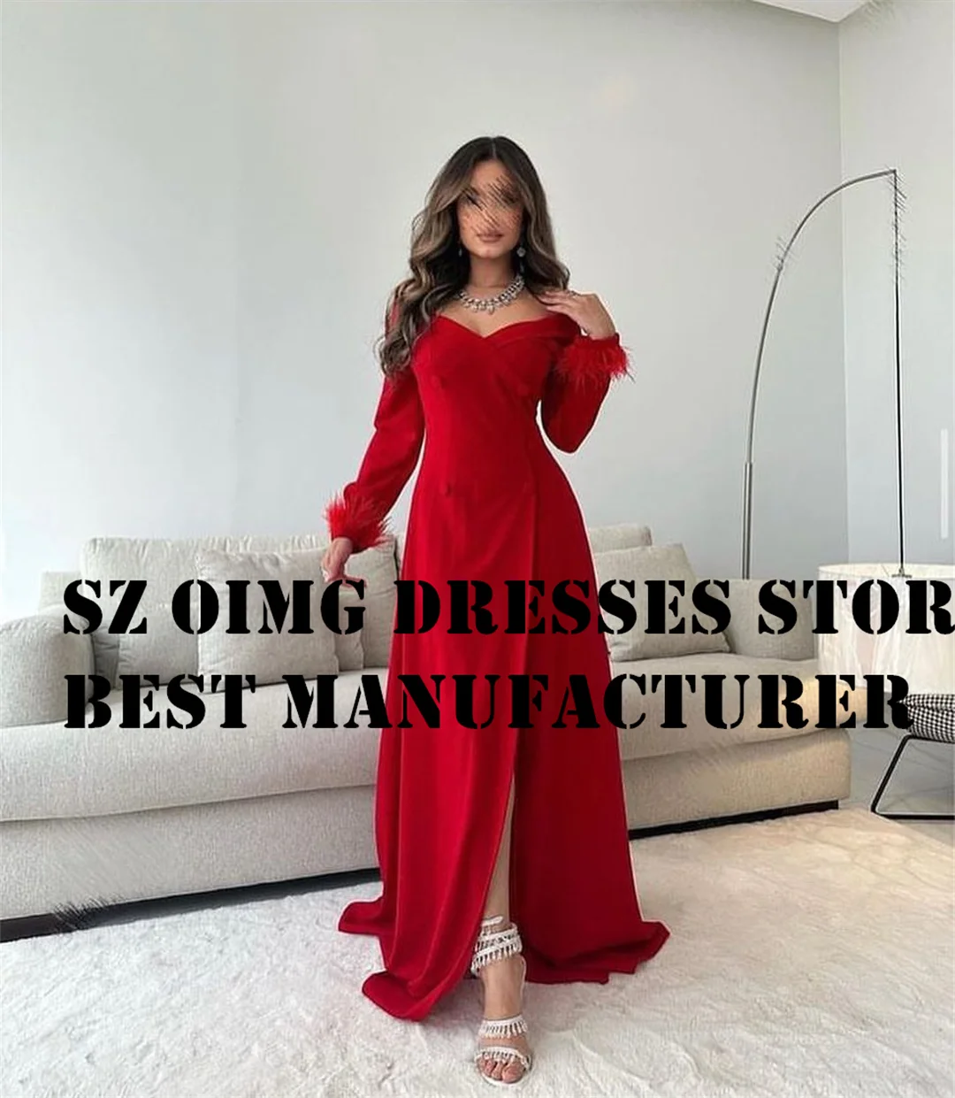 

OIMG Feathers Prom Dresse Off the Shoulder Arabic Long Sleeves Floor Length Satin Vintage Women Evening Gowns Formal Party Dress