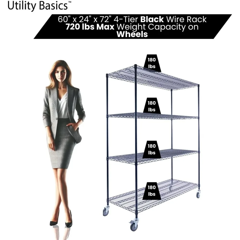 NSF Commercial 4-Tier Wire Shelving with Wheels,Heavy Duty Metal Shelves 3200 lbs Max Capacity, Black Storage Rack for Garage
