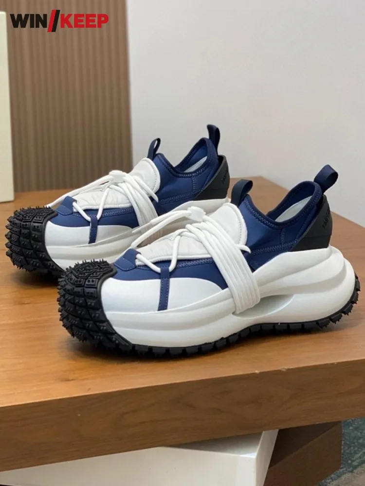 Leisure Mens Breathable Lace Up Genuine Leather Patchwork Running Shoes Thick Bottom Sport Shoes Platform Sneakers Trainers Men