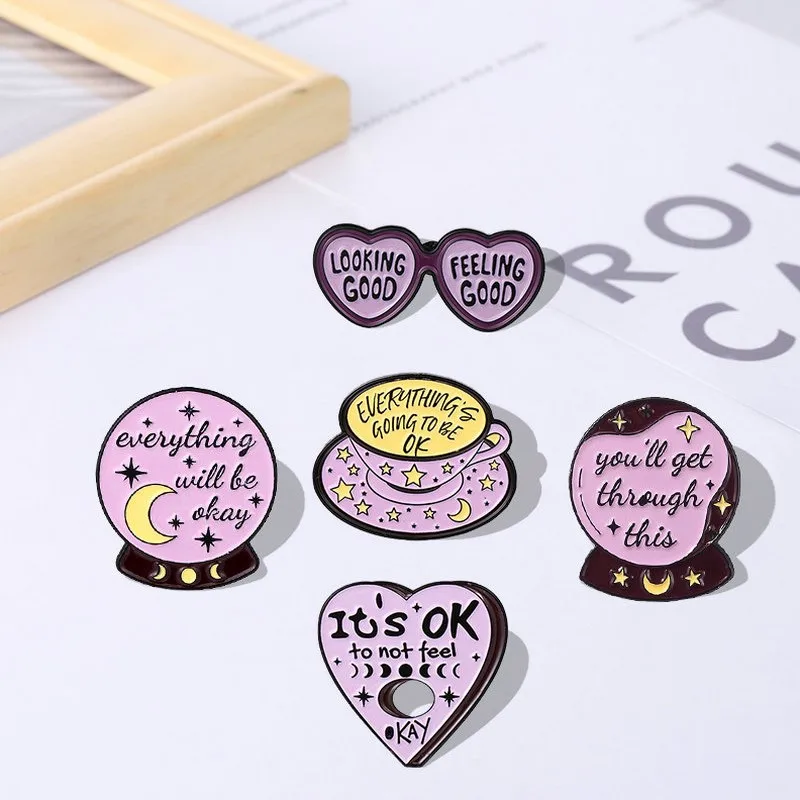 Everything will be OK Enamel Pins Custom Sunglass Coffee Crystal Ball Brooch Lapel Badge Bag Jewelry Gift Kids Friends