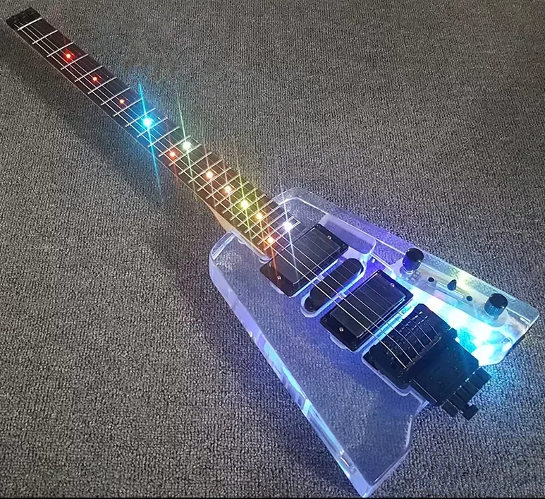 OEM ODM ACKI Electric Guitar Acrylic Body Rosewood fretboard Dot Inlays with LED Lights Headless Guitar