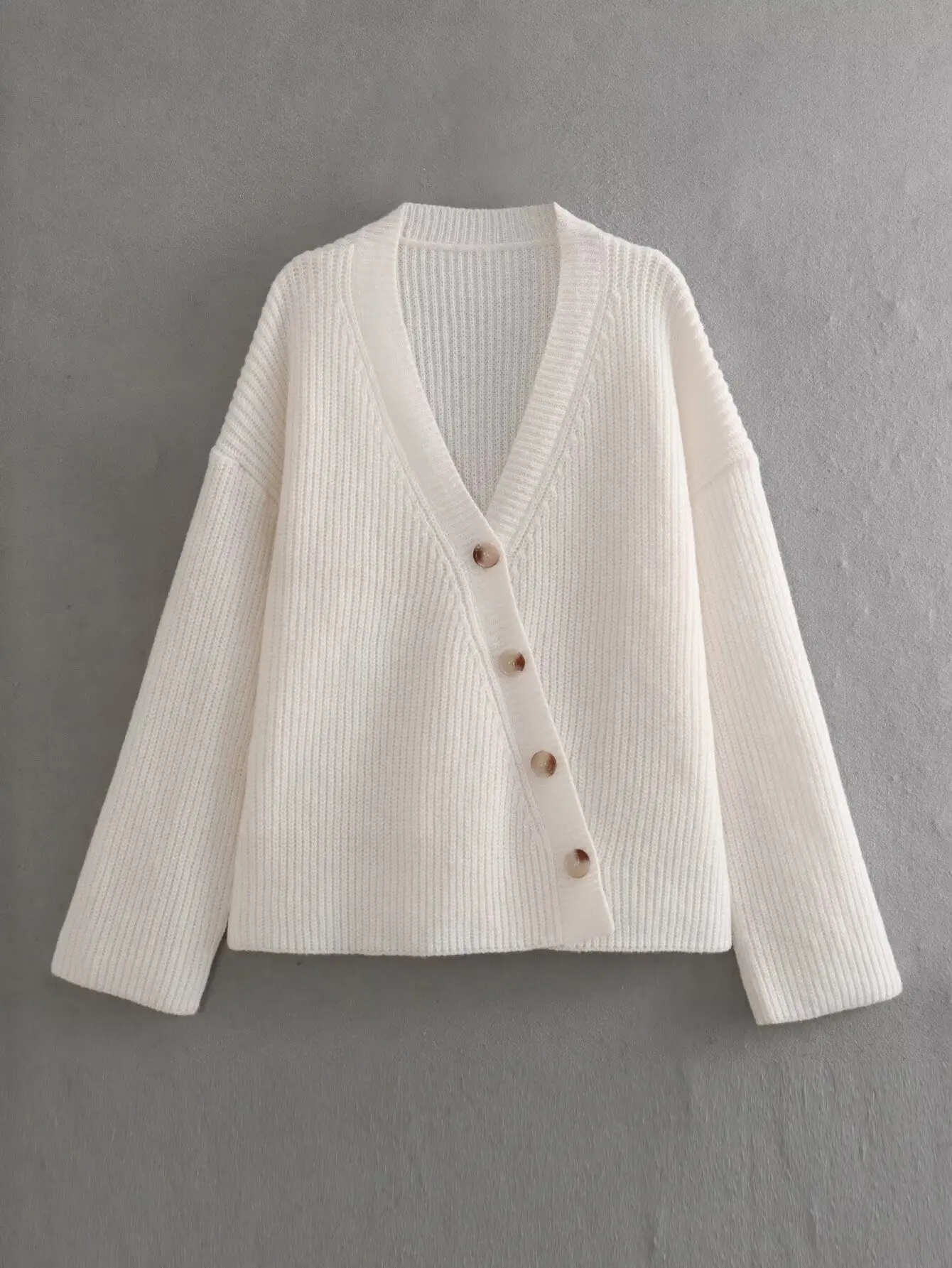 

Plus Size Women's Clothing Sweater For Spring And Autumn V-Neck Jumper With Row Of Diagonal buttons Off-White Crochet Sweater