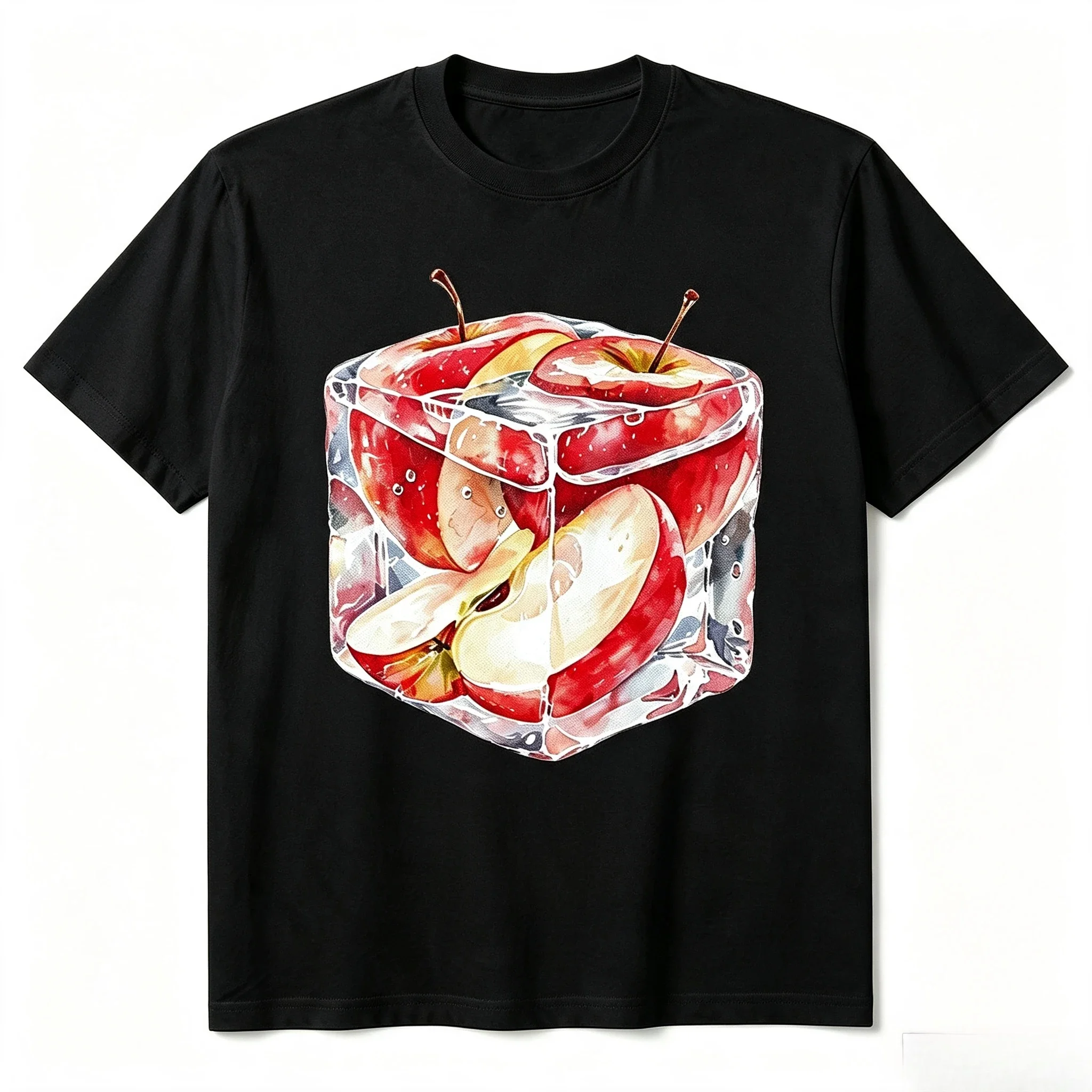 Apple in Ice Cube Watercolor T-shirt Women Cute Summer Fruit Printed Tee Loose Fashion Daily Tops