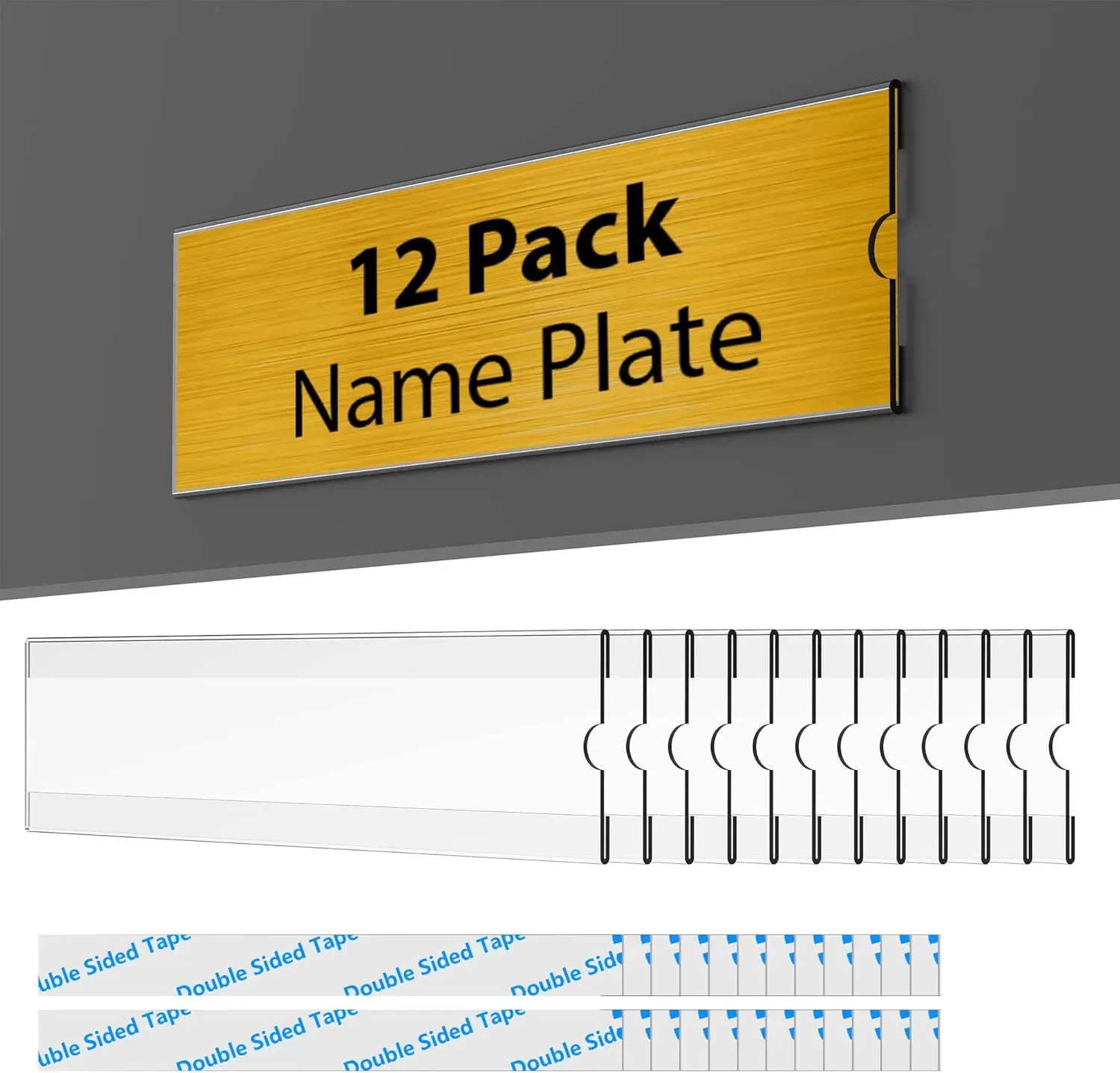 

12 Pack Acrylic Desk Nameplate Holders 2x8 Inch for Office Desk Classroom Door with Double Sided Adhesive