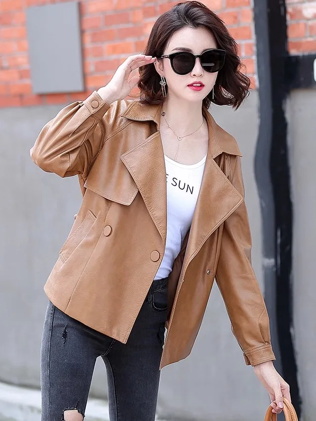 하이닝 오트 양가죽 코트 여성용 벨트 허리 가죽 윈드브레이커 2025 가을 겨울 신상 한국 스타일 블랙 가죽