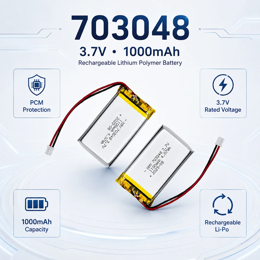 703048 3.7V 1000mAh Lithium Polymer Rechargeable Battery with PCM Protection, Suitable for Beauty Devices and DIY Tools.