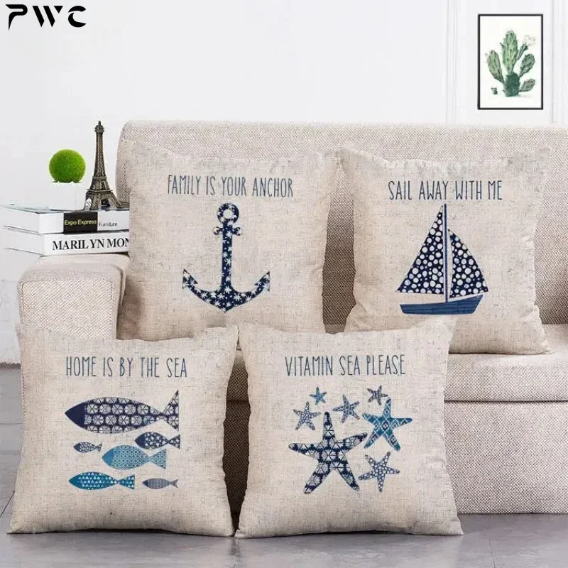 Navigation Nautical Throw Pillow Cover Beach Anchor Cushion Cover Fish  Linen Decoration Life buoy Pillowcase 45x45cm