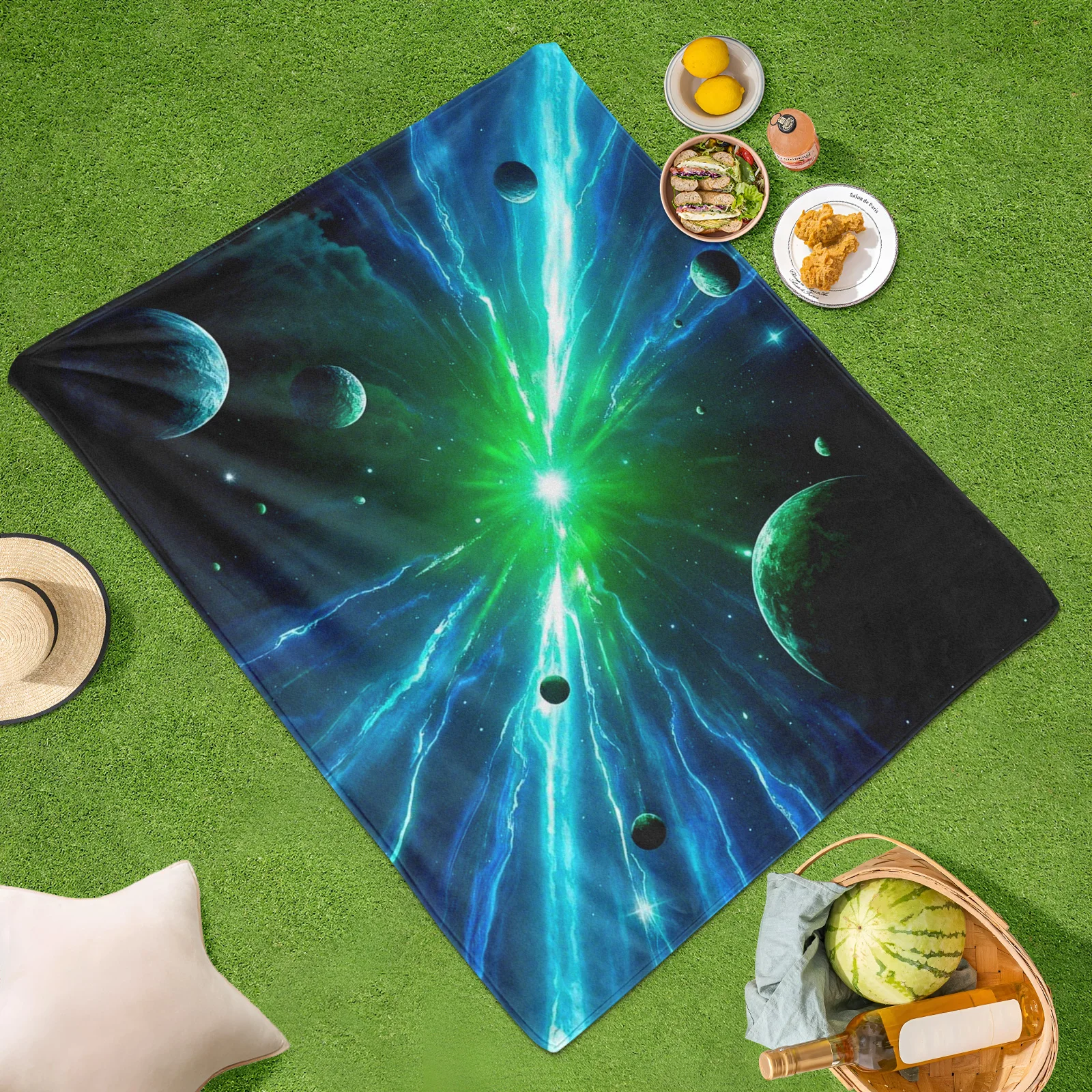 Sci Fi Galaxy And Turquoise Planet Universe Themed Outdoor Blanket For Cosmic Exploration And Nighttime Stargazing Adventures