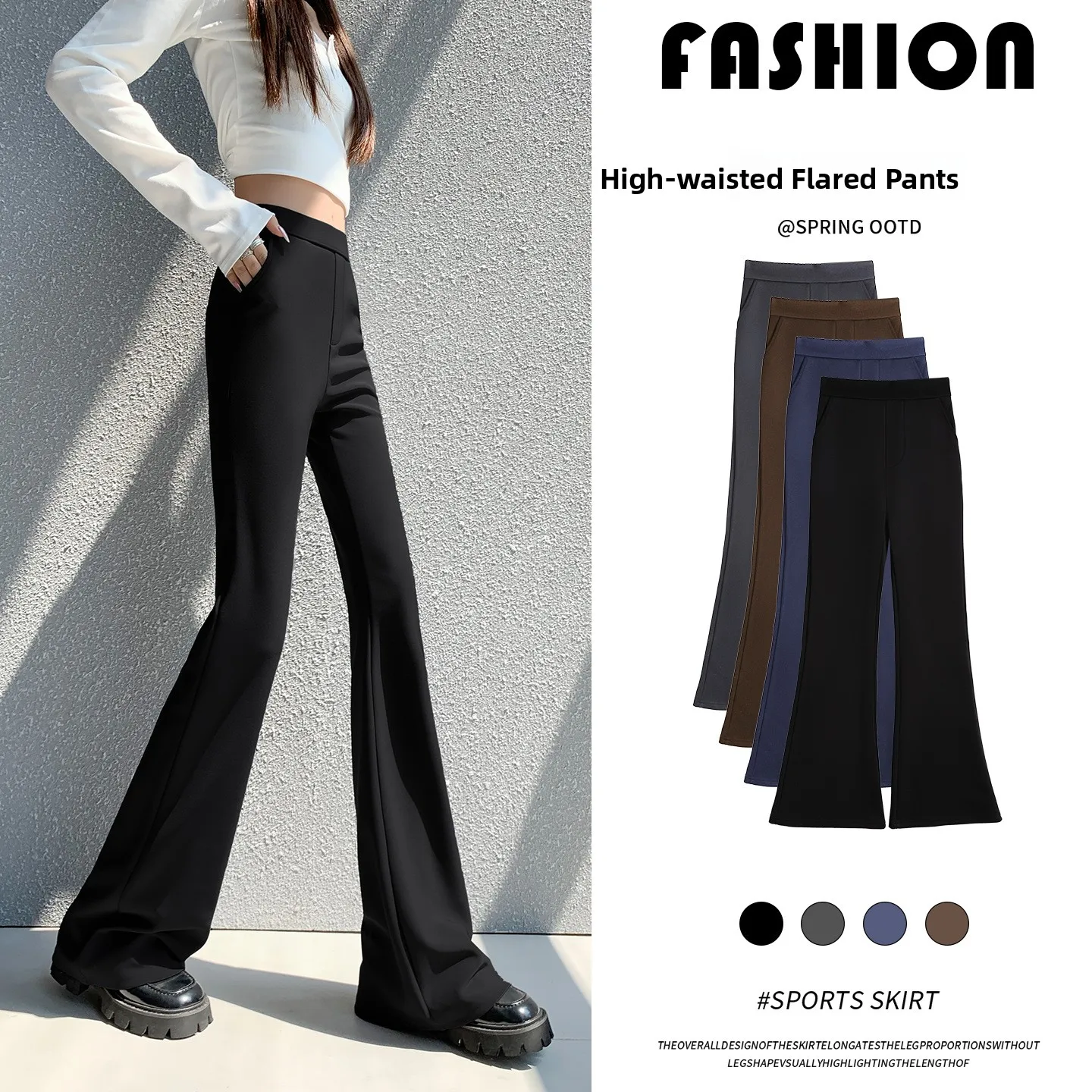 Black Bell Bottom Pants Women's Spring Autumn Casual Thin Large Size Women's Jeans High Waist Polyester Fiber Spandex Blend