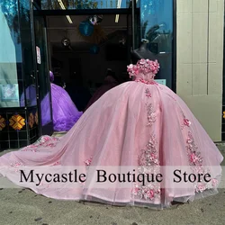 Luxury Pink Tulle Quinceanera Dresses Ball Gown 2025 3D Floral Lace Applique Sweet 16 Dress Customized vestidos de 15 años