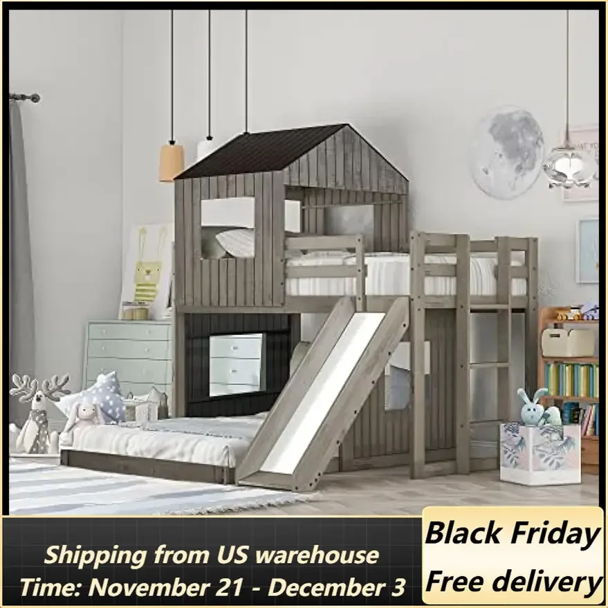 Wooden Twin Over Full Bunk Bed,Loft Bed with Playhouse,Farmhouse,Ladder,Slide and Guardrails,Antique Gray,Beds, Frames & Bases