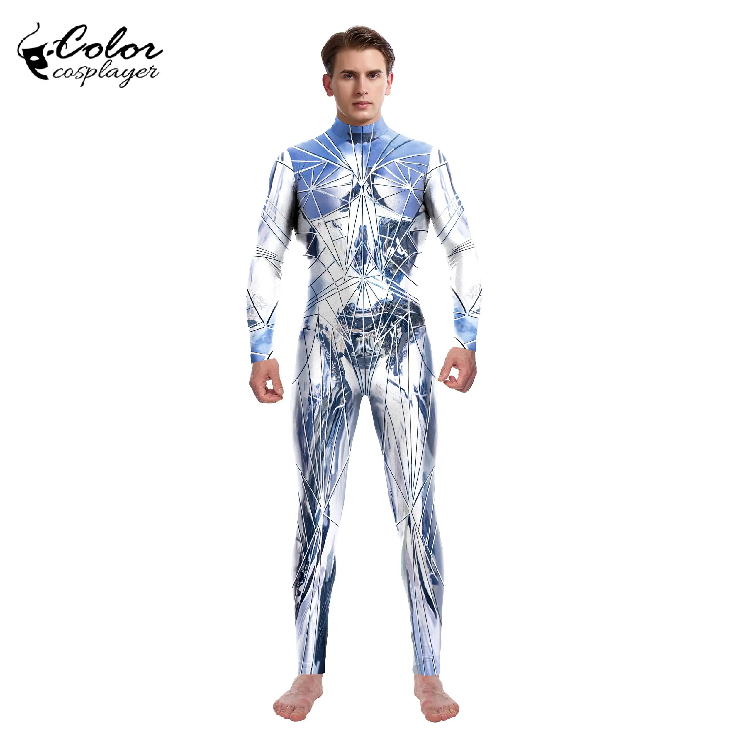 Kleur Cosplayer Mannen Jumpsuit Halloween Cosplay Kostuum Volwassen Bodysuit Glas Crack Graphics 3d Geprint Catsuit Rits Zentai