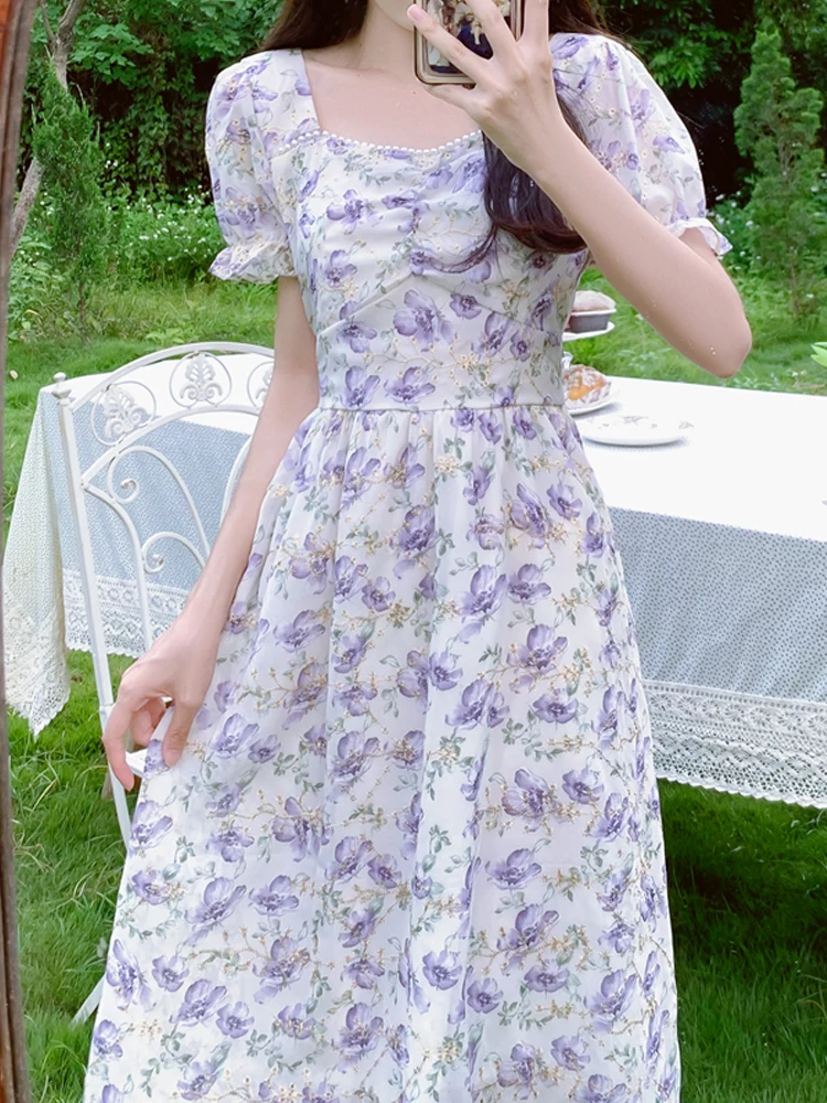 

Vintage Gentle Floral Dress Women Summer New High Waist Short Sleeve Beading Maxi Long Dresses M-4XL