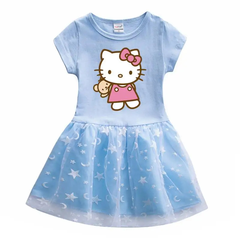 Sanrios Short Sleeve Dress Kawaii Hello Kittys Girls Fashion Princess Skirt Cute Sweet Mesh Dress Summer Children's Clothes Gift