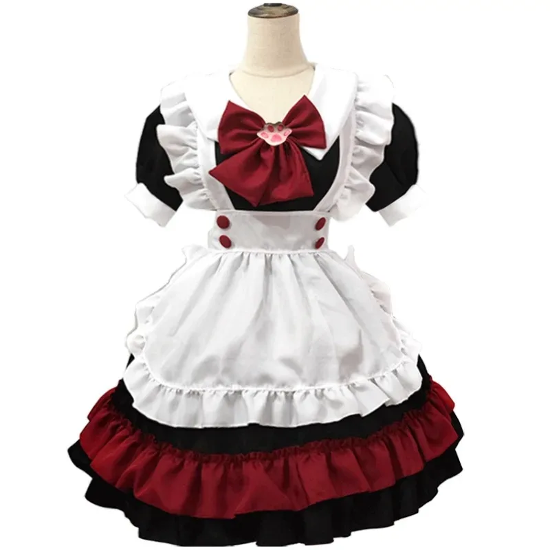 

Japanese Style Women Lolita Short Sleeve Maid Dress Black White Red Ruffle Collar Big Bow Apron Cosplay Costume Party Outfit